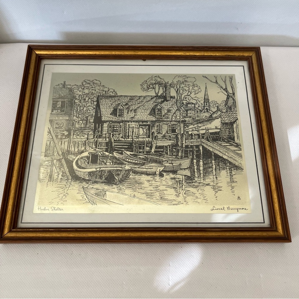 Vintage Framed Harbor Shelter By Lionel Barrymore Gold Foil Etching Art